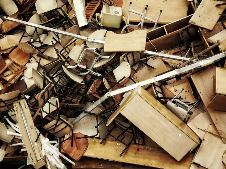 Overhead view of a heap of broken wooden desks, chair frames and furniture parts waiting to be hauled away.