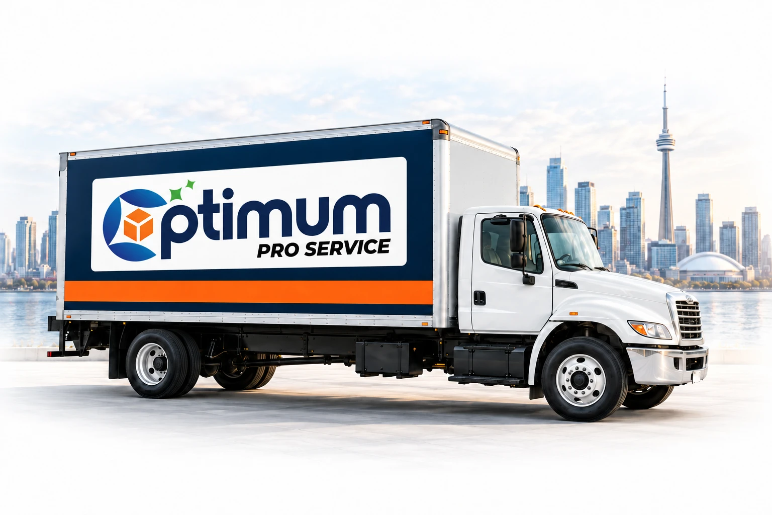 Optimum-branded moving truck illustration in front of the Toronto skyline.